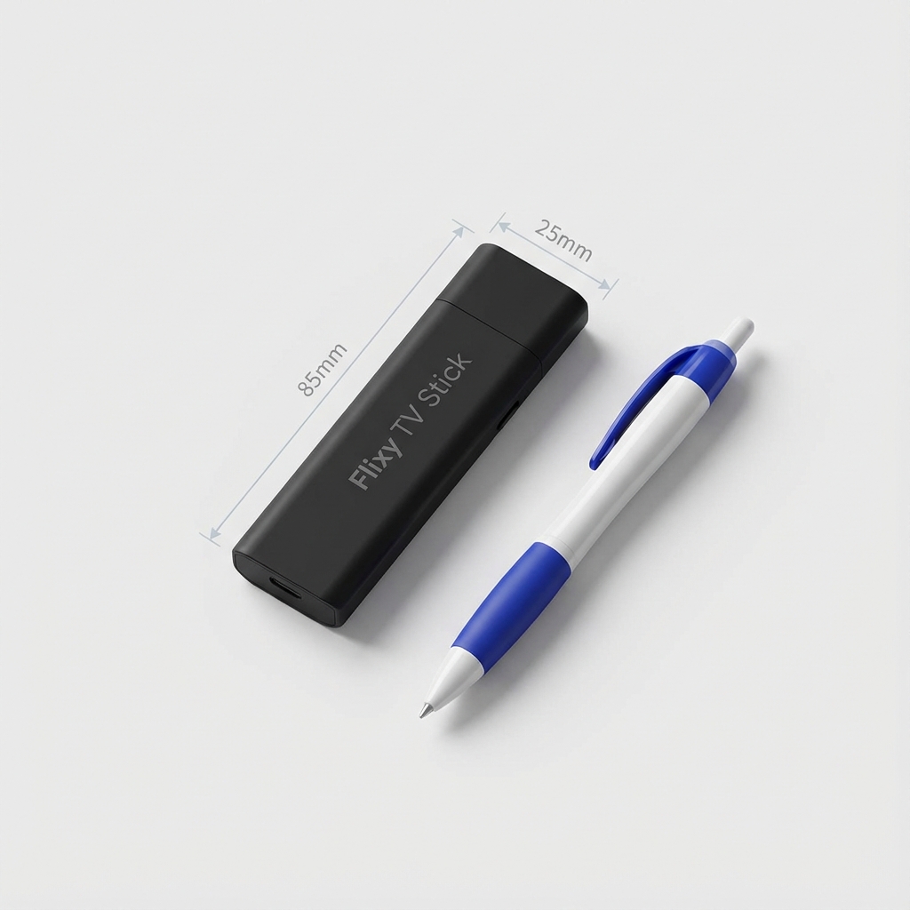 Dimensions of Flixy TV Stick compared to a pen
